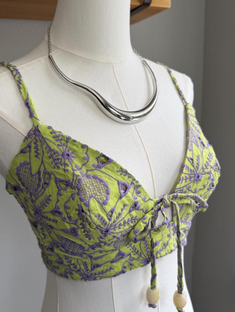 Salgunamu Embroidered Tie Front Crop Top Lime Green Purple Floral Cami Brazilian